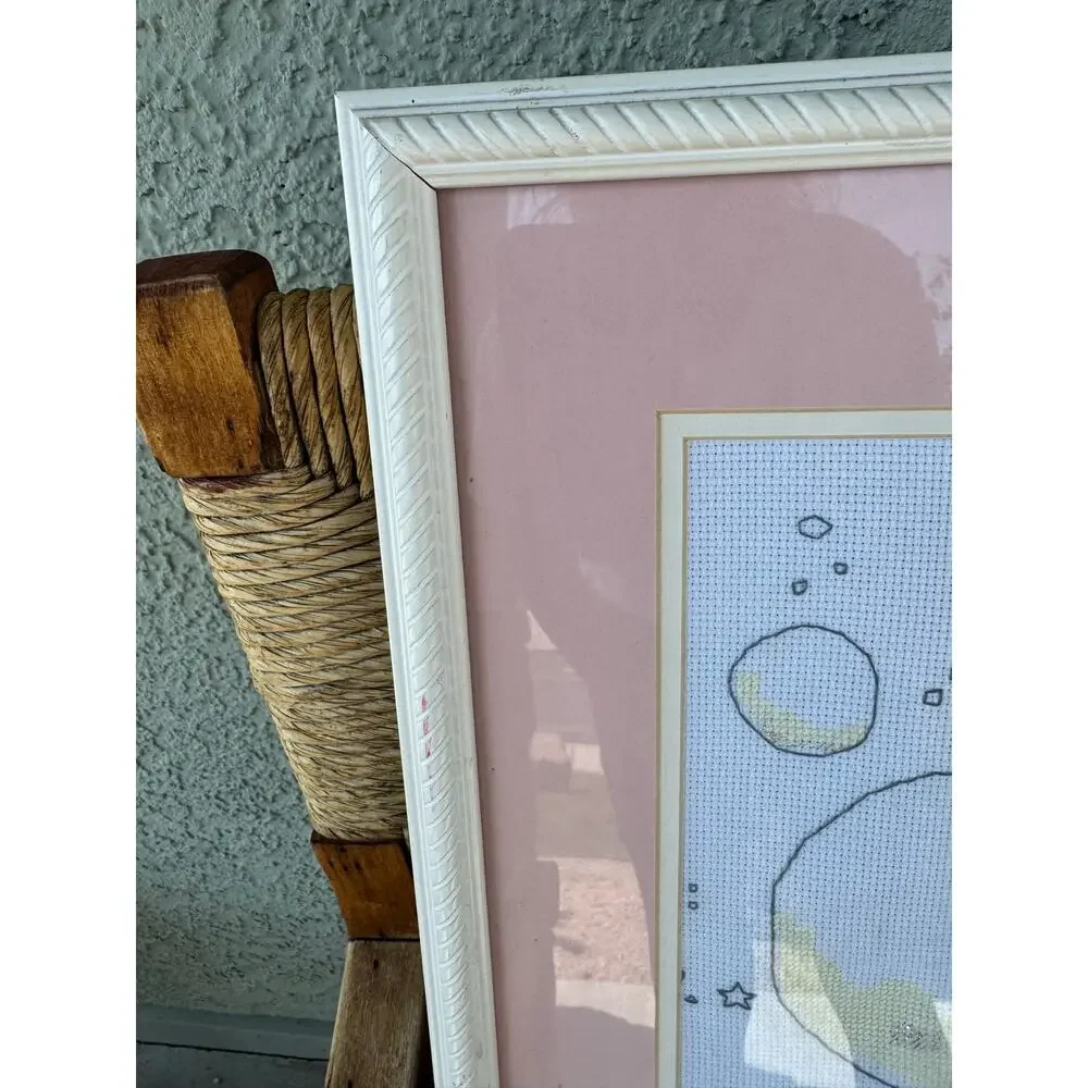 Cross-stitch Mime with Balloon framed matted wall decor feminine quirky oddity